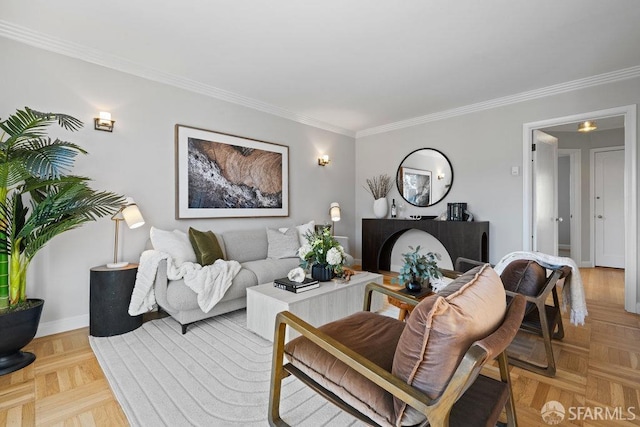 living room featuring ornamental molding and light parquet flooring