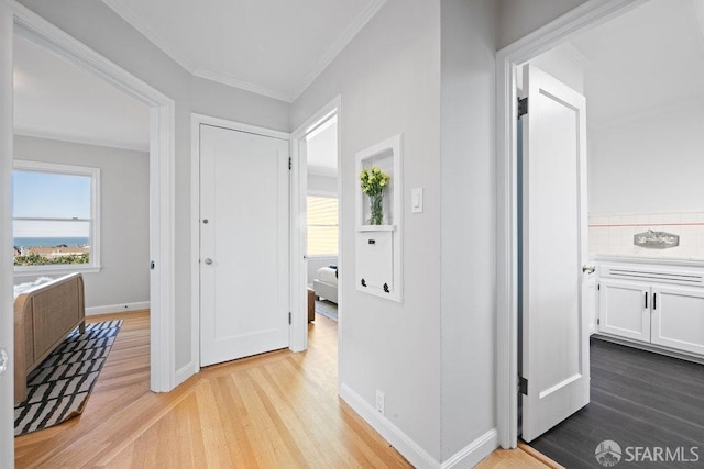 hall with ornamental molding and light hardwood / wood-style flooring