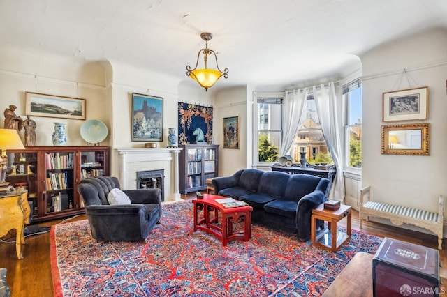 living room featuring hardwood / wood-style floors and a fireplace