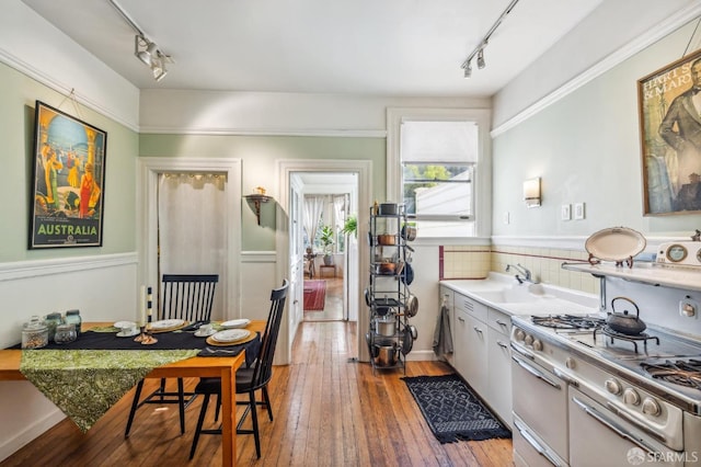 kitchen with track lighting, hardwood / wood-style flooring, and sink