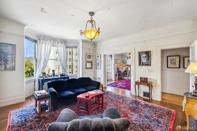 living room with dark hardwood / wood-style floors