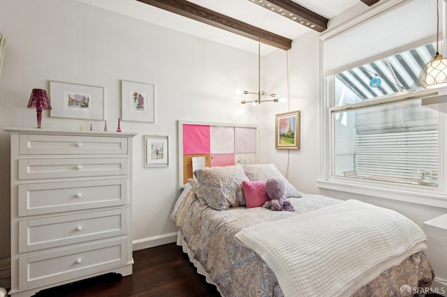 50 Perine Pl, San Francisco, CA 94115 - bedroom with beamed ceiling, dark wood-style floors, a chandelier, and baseboards