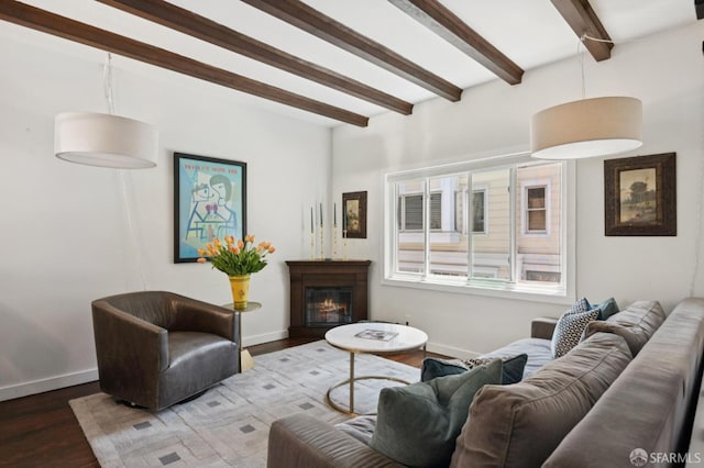 50 Perine Pl, San Francisco, CA 94115 - living room featuring beam ceiling, wood finished floors, a glass covered fireplace, and baseboards
