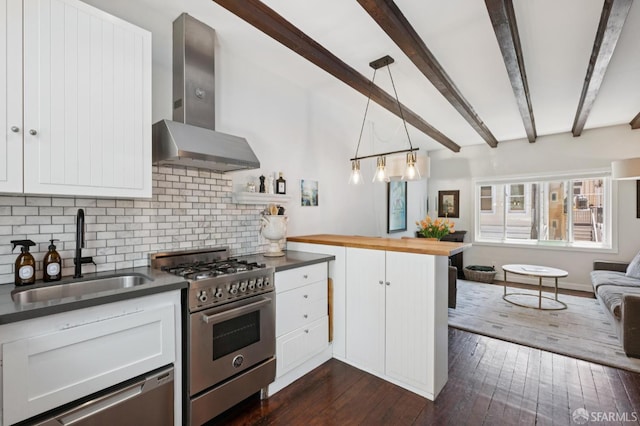 50 Perine Pl, San Francisco, CA 94115 - kitchen featuring a sink, high end stainless steel range oven, range hood, decorative backsplash, and wood counters