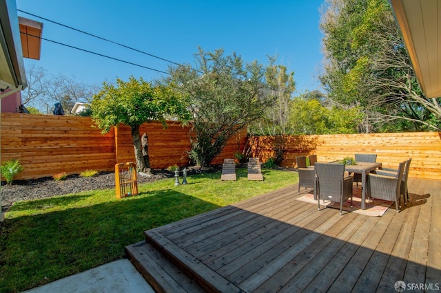 deck featuring a lawn, outdoor dining area, and a fenced backyard