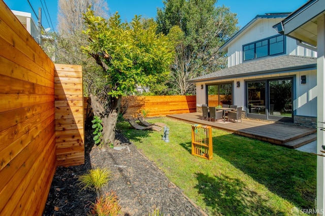 view of yard with a fenced backyard and a deck