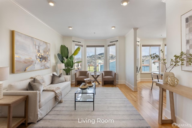 4471 Mission St Unit 2, San Francisco, CA 94112 - living room with light wood finished floors, baseboards, recessed lighting, and ornamental molding