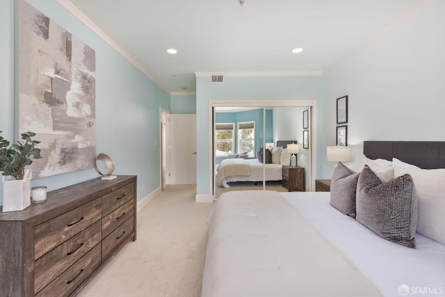 4471 Mission St Unit 2, San Francisco, CA 94112 - bedroom with crown molding, light colored carpet, a closet, baseboards, and recessed lighting