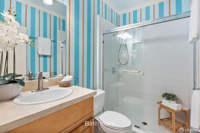 4471 Mission St Unit 2, San Francisco, CA 94112 - full bathroom with wallpapered walls, vanity, toilet, and a shower stall