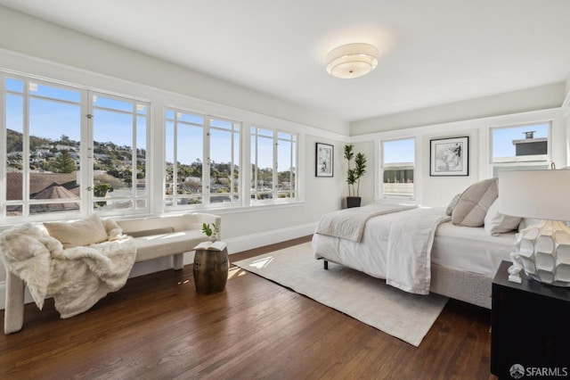 bedroom with dark hardwood / wood-style floors