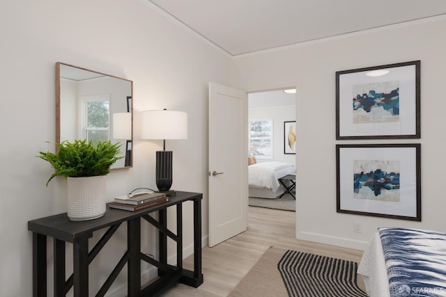 corridor featuring ornamental molding, light wood-type flooring, a healthy amount of sunlight, and baseboards