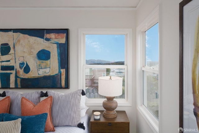 sitting room featuring ornamental molding and a mountain view