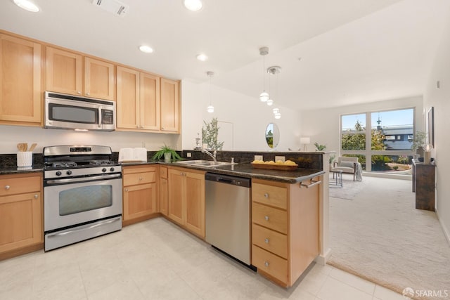 1488 El Camino Real Unit 212, South San Francisco, CA 94080 - kitchen featuring stainless steel appliances, light brown cabinets, a peninsula, light carpet, and recessed lighting