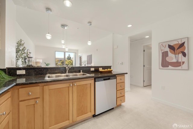 1488 El Camino Real Unit 212, South San Francisco, CA 94080 - kitchen featuring stainless steel dishwasher, decorative light fixtures, dark stone countertops, recessed lighting, and light brown cabinets