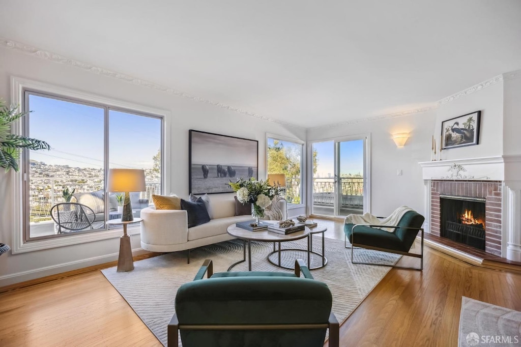 living room with light hardwood / wood-style flooring, a fireplace, and plenty of natural light