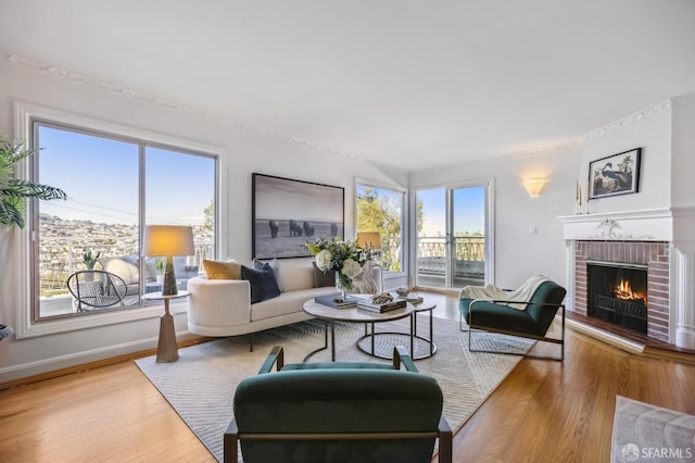 living room with light hardwood / wood-style flooring, a fireplace, and plenty of natural light