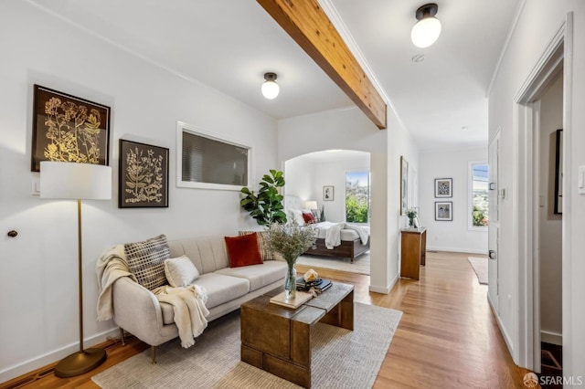 living room with ornamental molding, beam ceiling, and light hardwood / wood-style flooring