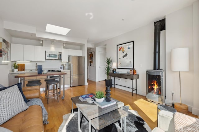 566 S Van Ness Ave Unit 31, San Francisco, CA 94110 - living room featuring light wood finished floors, a wood stove, and a skylight