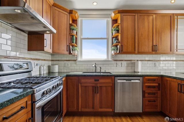 207 Eureka St, San Francisco, CA 94114 - kitchen featuring appliances with stainless steel finishes, wall chimney exhaust hood, open shelves, brown cabinets, and a sink