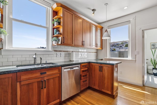 207 Eureka St, San Francisco, CA 94114 - kitchen with dishwasher, brown cabinets, decorative backsplash, and recessed lighting
