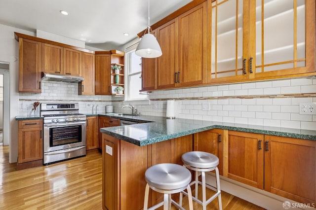 207 Eureka St, San Francisco, CA 94114 - kitchen with stainless steel gas stove, brown cabinets, light wood-style floors, under cabinet range hood, and dark stone counters
