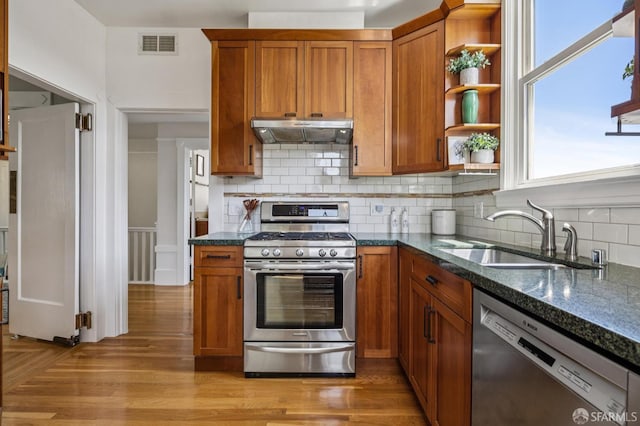 207 Eureka St, San Francisco, CA 94114 - kitchen featuring stainless steel appliances, extractor fan, a sink, dark stone counters, and open shelves