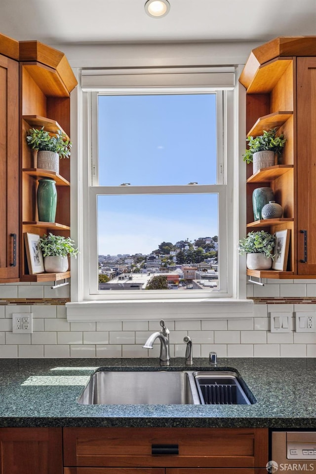 207 Eureka St, San Francisco, CA 94114 - kitchen with open shelves, a sink, dishwashing machine, brown cabinets, and tasteful backsplash