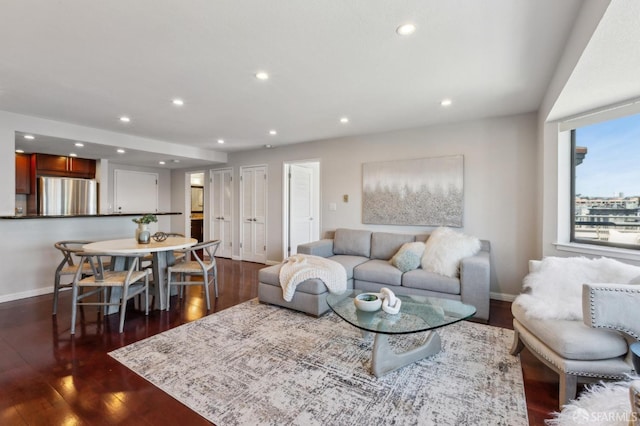 360 Guerrero St Unit 408, San Francisco, CA 94103 - living area featuring baseboards, dark wood-style floors, and recessed lighting