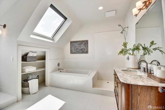 27 Hartford St, San Francisco, CA 94114 - full bathroom featuring a skylight, vanity, lofted ceiling, a bath, and tile patterned floors
