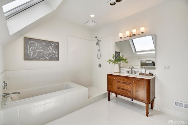 27 Hartford St, San Francisco, CA 94114 - bathroom with a skylight, a bath, vanity, tile patterned flooring, and a shower