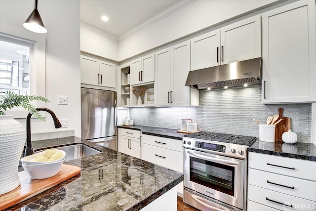 27 Hartford St, San Francisco, CA 94114 - kitchen with appliances with stainless steel finishes, under cabinet range hood, open shelves, ornamental molding, and decorative backsplash