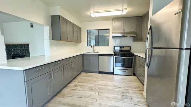 kitchen with kitchen peninsula, sink, gray cabinets, appliances with stainless steel finishes, and light hardwood / wood-style floors