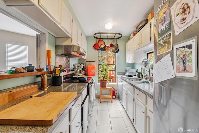 kitchen with stainless steel electric range oven, fridge, white cabinetry, and under cabinet range hood