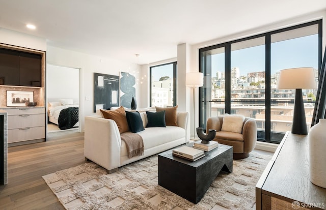 living area featuring a view of city and light wood-style floors