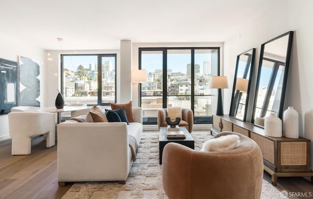 living room featuring a view of city and light wood-type flooring