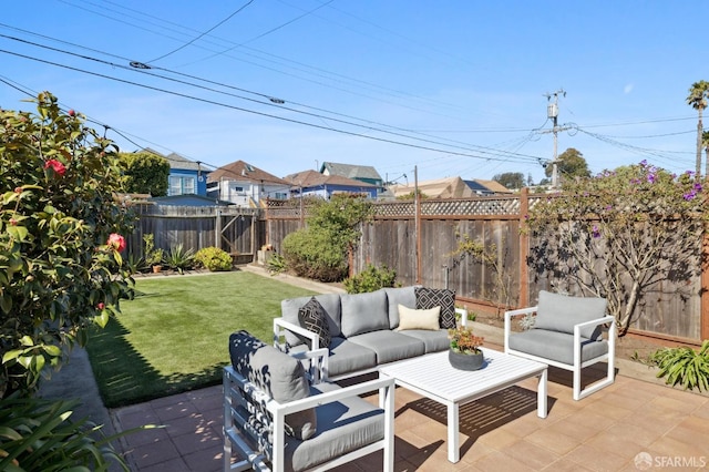 view of patio / terrace featuring a fenced backyard and an outdoor hangout area