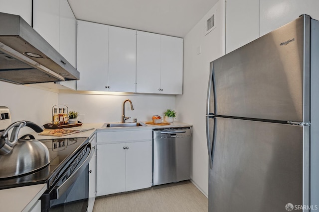 kitchen with a sink, white cabinetry, light countertops, appliances with stainless steel finishes, and ventilation hood