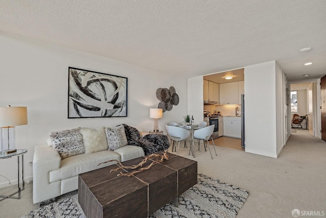 living area featuring baseboards, a textured ceiling, and light colored carpet