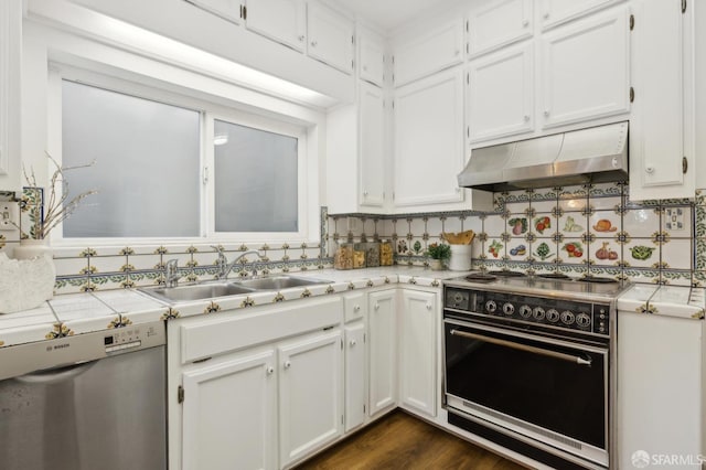 kitchen featuring sink, ventilation hood, electric range oven, dishwasher, and white cabinets