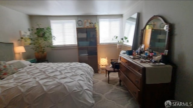 bedroom featuring light colored carpet and multiple windows