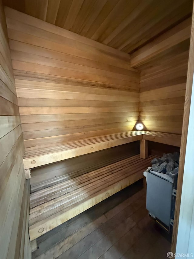 view of sauna featuring hardwood / wood-style flooring