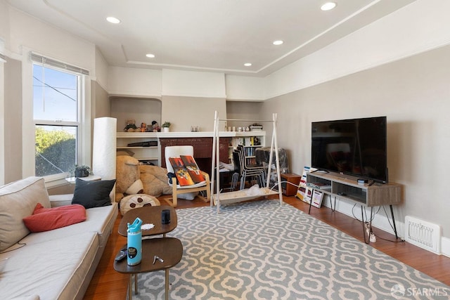 living room with a raised ceiling and dark wood-type flooring