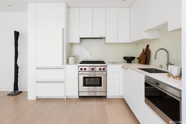 kitchen with light hardwood / wood-style floors, appliances with stainless steel finishes, sink, and white cabinets