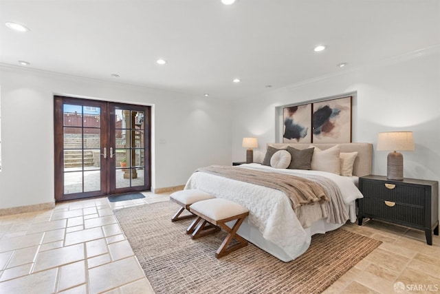 bedroom featuring access to outside, recessed lighting, french doors, and stone tile flooring