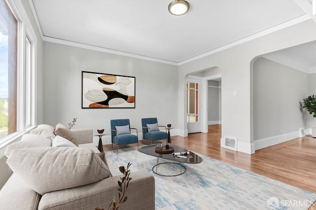 living room featuring wood-type flooring, ornamental molding, and plenty of natural light