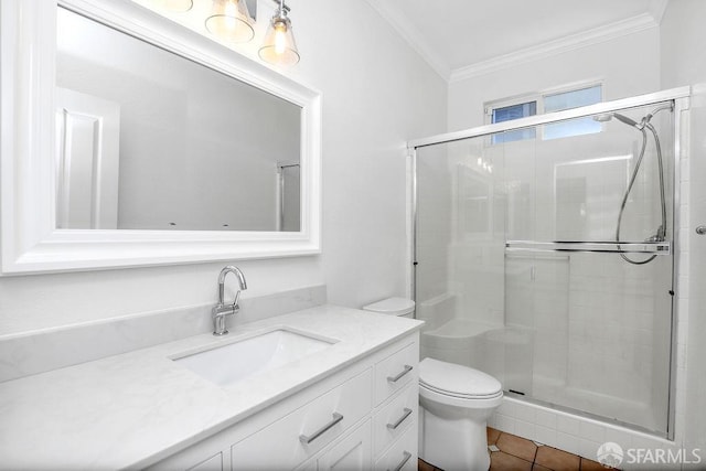 654 Tain Ct, Brentwood, CA 94513 - bathroom featuring ornamental molding, vanity, a shower stall, and tile patterned flooring