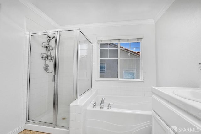 654 Tain Ct, Brentwood, CA 94513 - bathroom featuring a shower stall, a garden tub, ornamental molding, and vanity