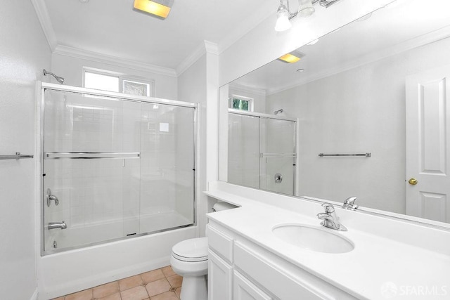 654 Tain Ct, Brentwood, CA 94513 - bathroom featuring crown molding, vanity, shower / bath combination with glass door, and tile patterned flooring