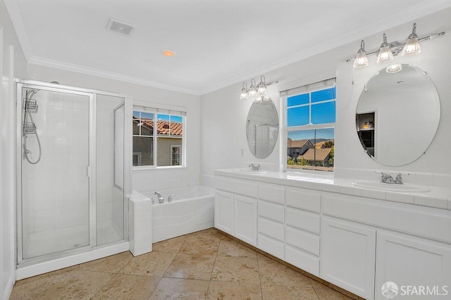 654 Tain Ct, Brentwood, CA 94513 - bathroom with double vanity, a garden tub, ornamental molding, and a shower stall