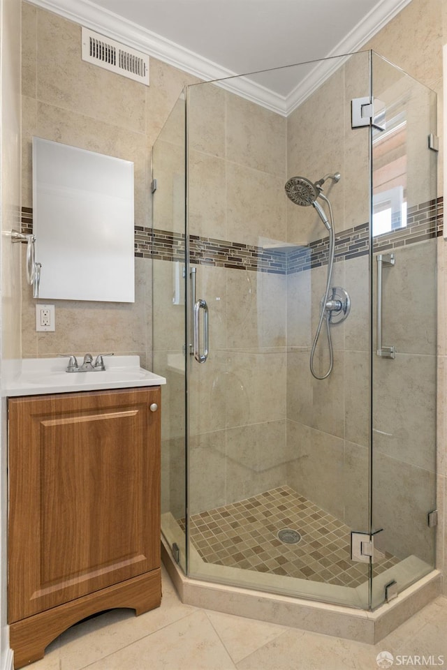 971 Lupin Way Lower, Lower, San Carlos, CA 94070 - bathroom featuring ornamental molding, a shower stall, vanity, and tile patterned floors